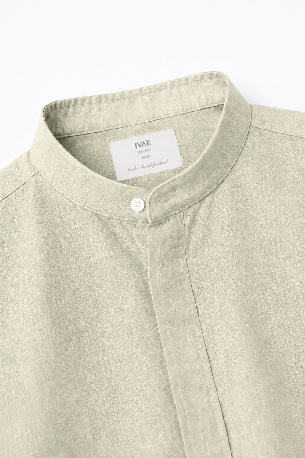 IVAR Lime Mandarin Collar Linen Buttondown - Close-Up Collar Detail - IVAR Clothing