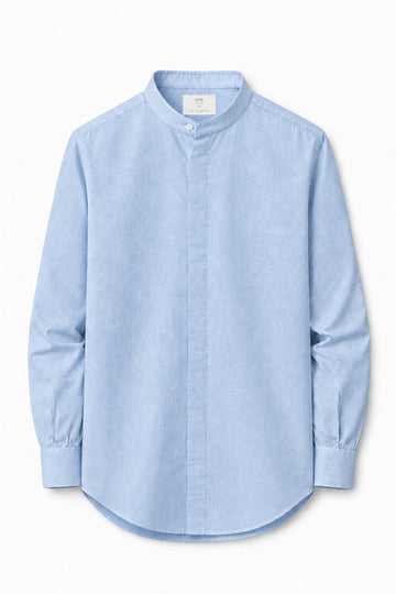 IVAR Sky Mandarin Collar Linen Buttondown - Front View - IVAR Clothing