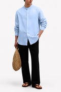 IVAR Sky Mandarin Collar Linen Buttondown - Model Wearing - IVAR Clothing
