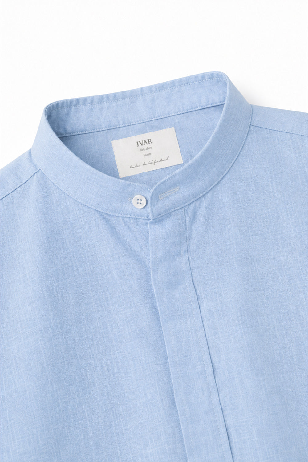 IVAR Sky Mandarin Collar Linen Buttondown - Close-Up Collar Detail - IVAR Clothing