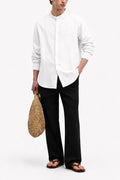 IVAR White Mandarin Collar Linen Buttondown - Model Wearing - IVAR Clothing