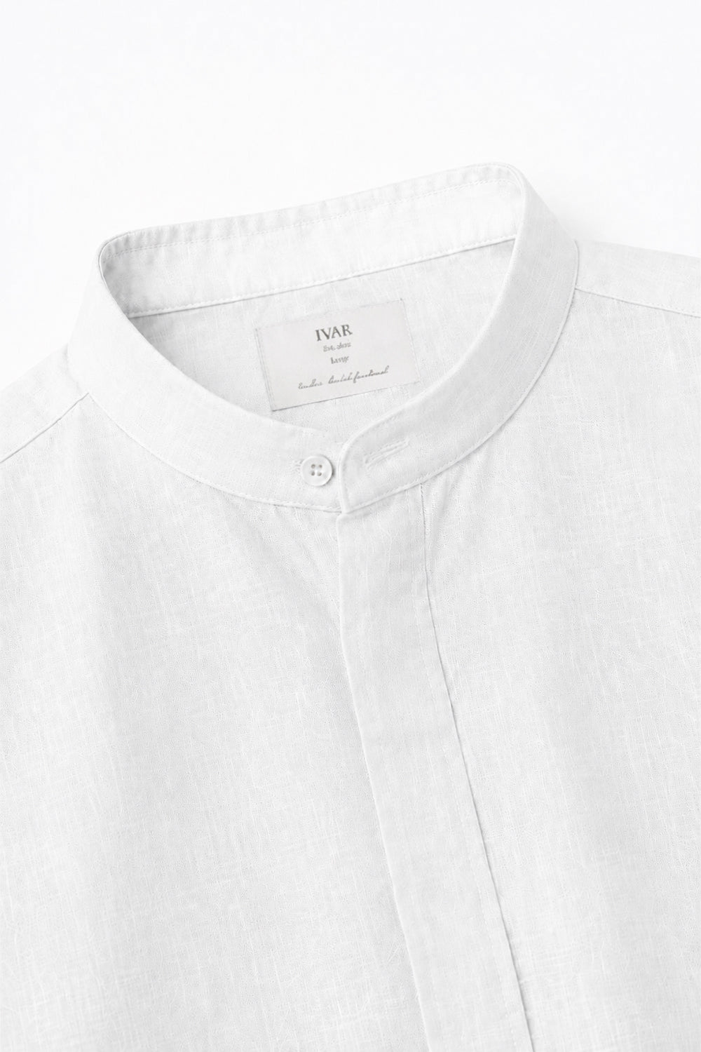 IVAR White Mandarin Collar Linen Buttondown - Close-Up Collar Detail - IVAR Clothing
