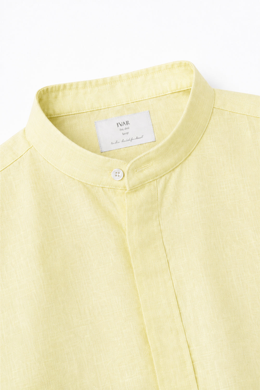 IVAR Yellow Mandarin Collar Linen Buttondown - Close-Up Collar Detail - IVAR Clothing