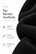 The Merino Aesthetic infographic showing Black Merino Style knit fabric details