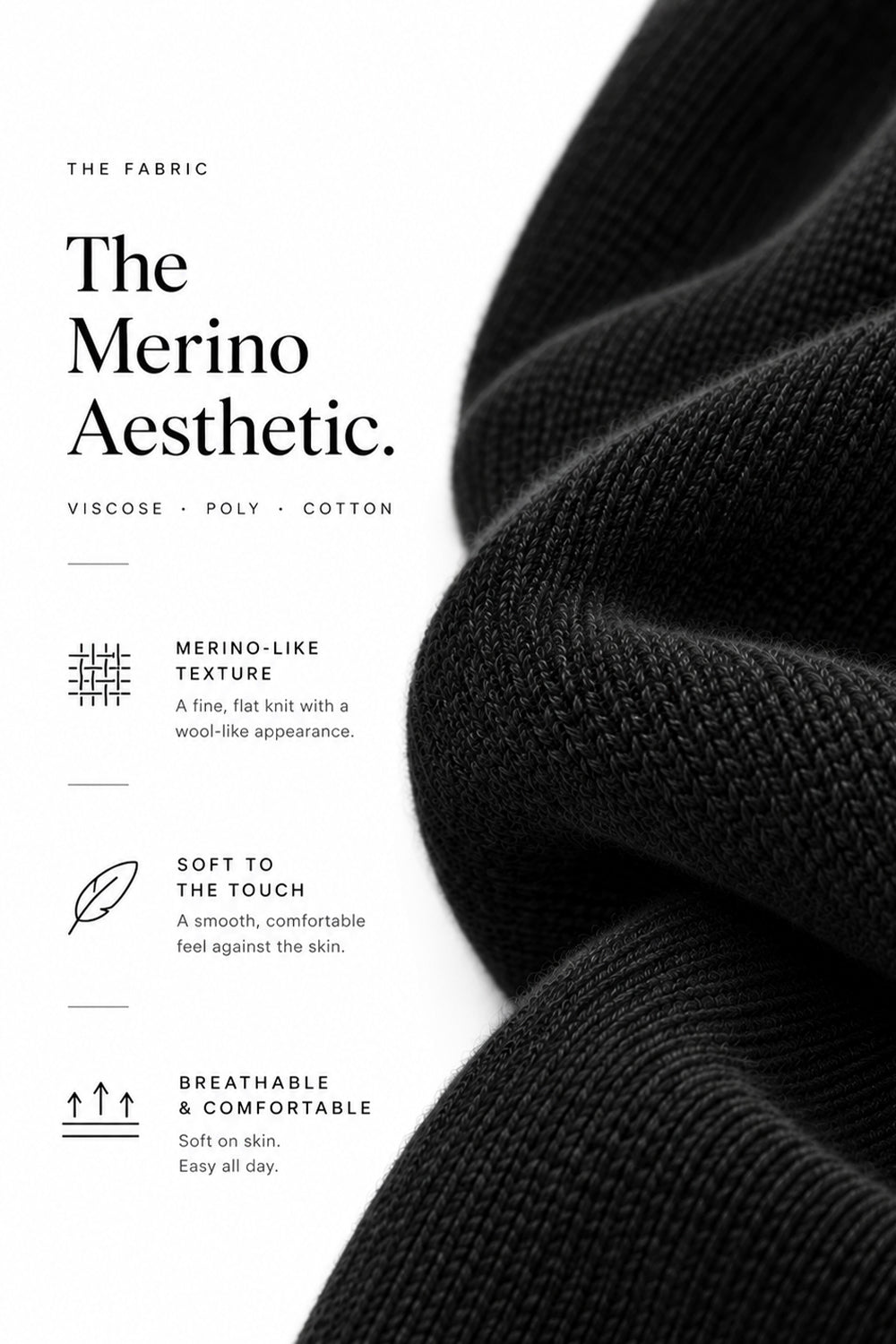 The Merino Aesthetic infographic showing Black Merino Style knit fabric details