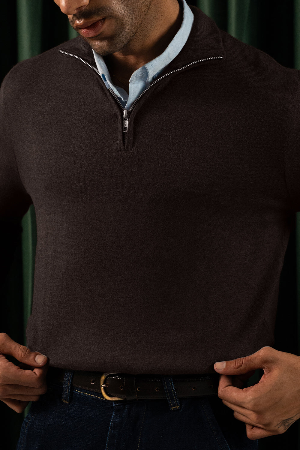 Close-up of Dark Brown Marino Style Flat Knit Quarter Zipper collar and zip detail