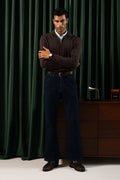Man wearing the Dark Brown Marino Style Flat Knit Quarter Zipper, front view