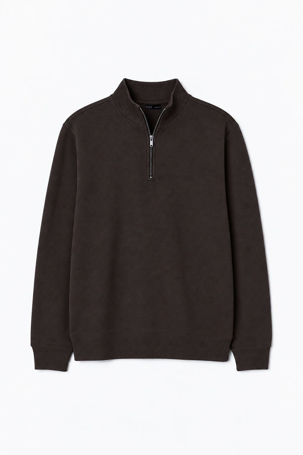 IVAR Dark Brown Marino Style Flat Knit Quarter Zipper, flat lay front view