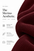 The Merino Aesthetic infographic showing Maroon Merino Style knit fabric details