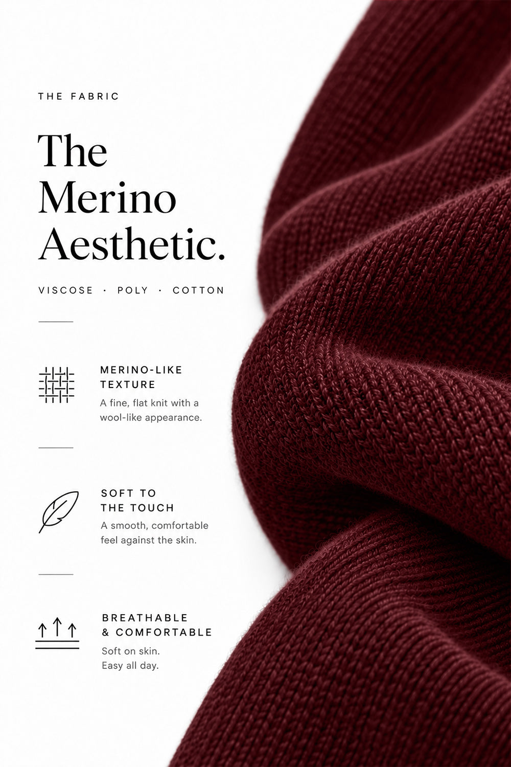 The Merino Aesthetic infographic showing Maroon Merino Style knit fabric details
