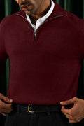 Close-up of Maroon Merino Style Flat Knit Quarter Zipper collar and zip detail