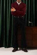 Man wearing the Maroon Merino Style Flat Knit Quarter Zipper with dark trousers, front view
