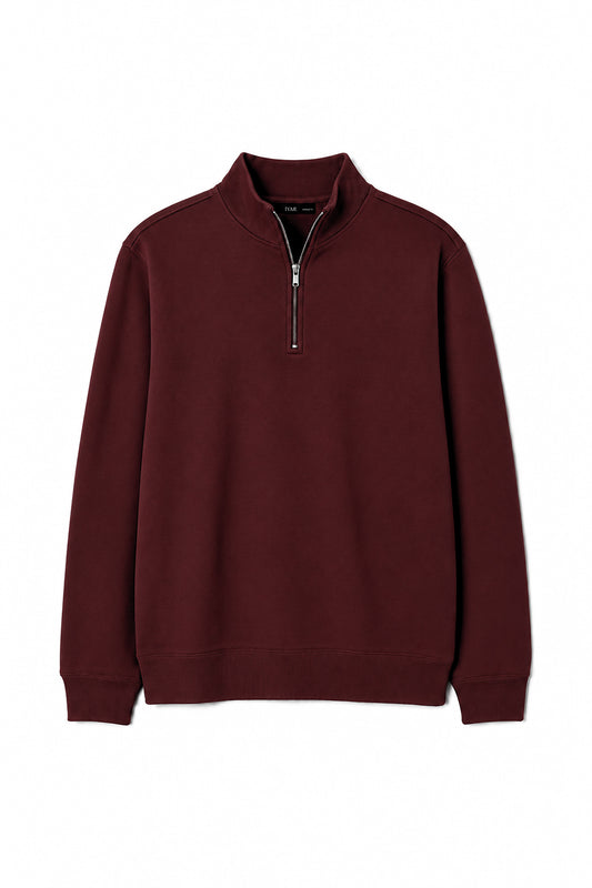 IVAR Maroon Merino Style Flat Knit Quarter Zipper, flat lay front view