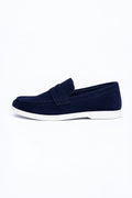 Ivar Hudson navy suede penny loafers, side view with white contrast sole
