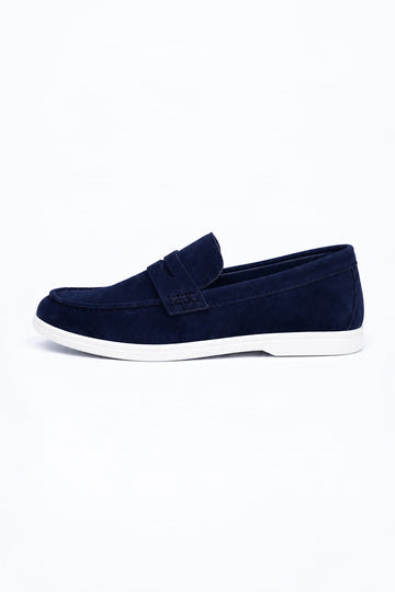 Ivar Hudson navy suede penny loafers, side view with white contrast sole