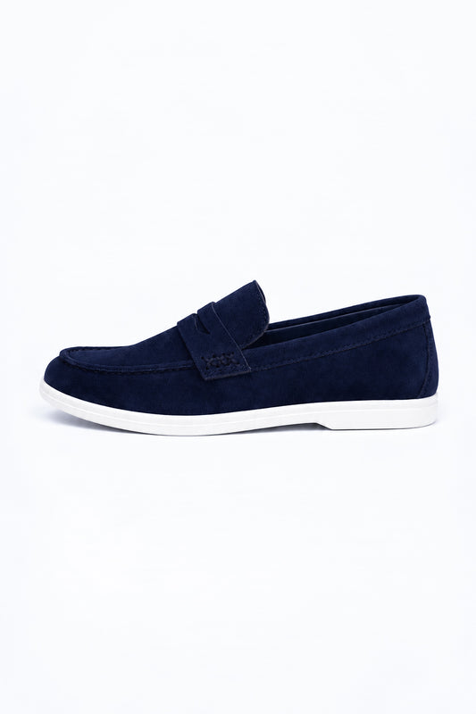 Ivar Hudson navy suede penny loafers, side view with white contrast sole