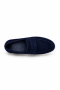 Top view of navy suede penny loafers showing the penny strap detail