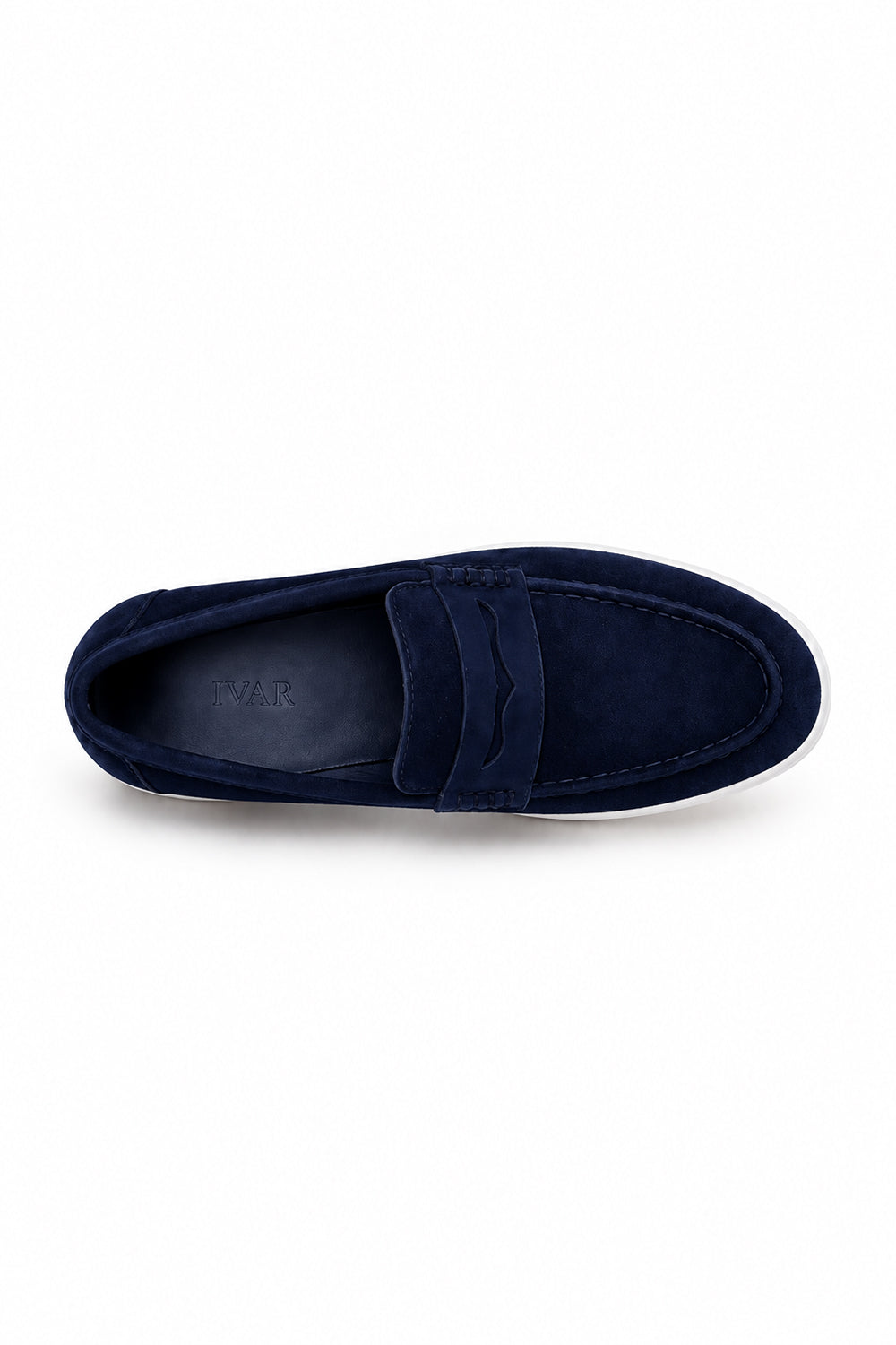 Top view of navy suede penny loafers showing the penny strap detail
