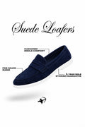 Navy suede penny loafers feature infographic showing sole and comfort details