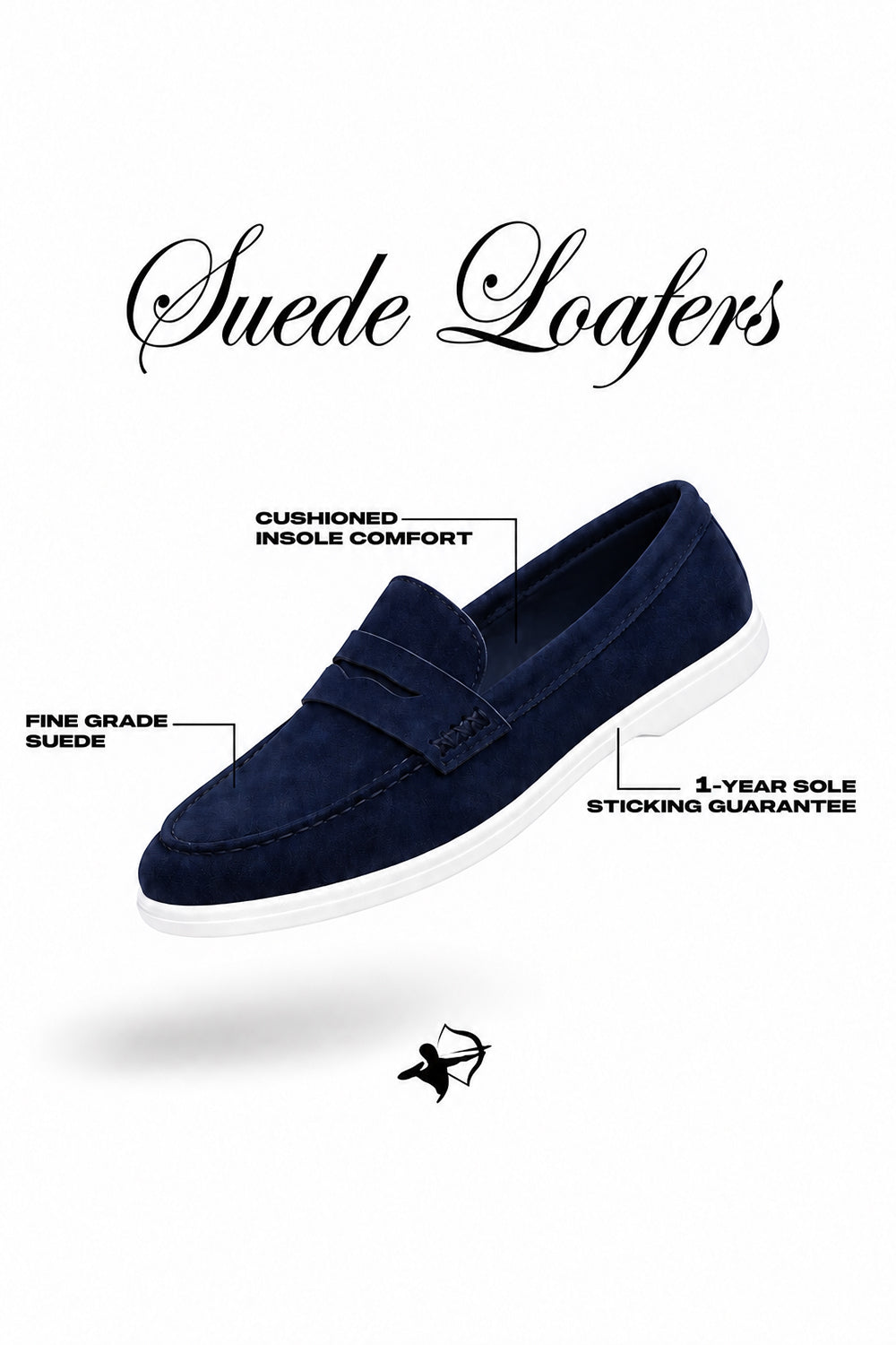 Navy suede penny loafers feature infographic showing sole and comfort details