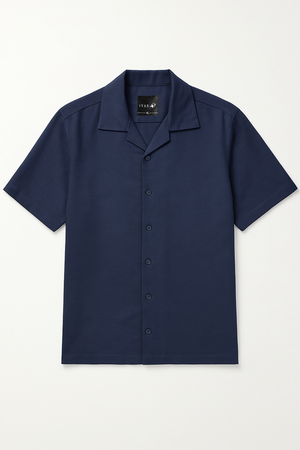 IVAR®  Navy  Jacquard Cuban Collar Shirt