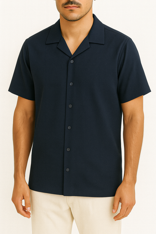 IVAR®  Navy  Jacquard Cuban Collar Shirt