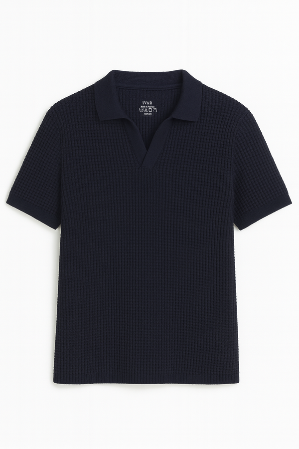 IVAR® Navy Waffle Knit Johnny Collar Polo
