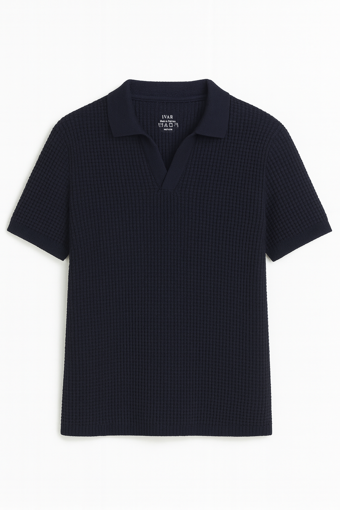 IVAR® Navy Waffle Knit Johnny Collar Polo