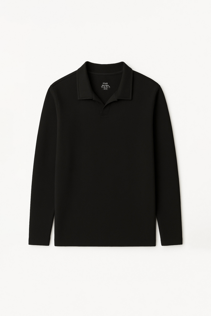 IVAR® Black Textured Full Sleeve Johnny Collar Polo