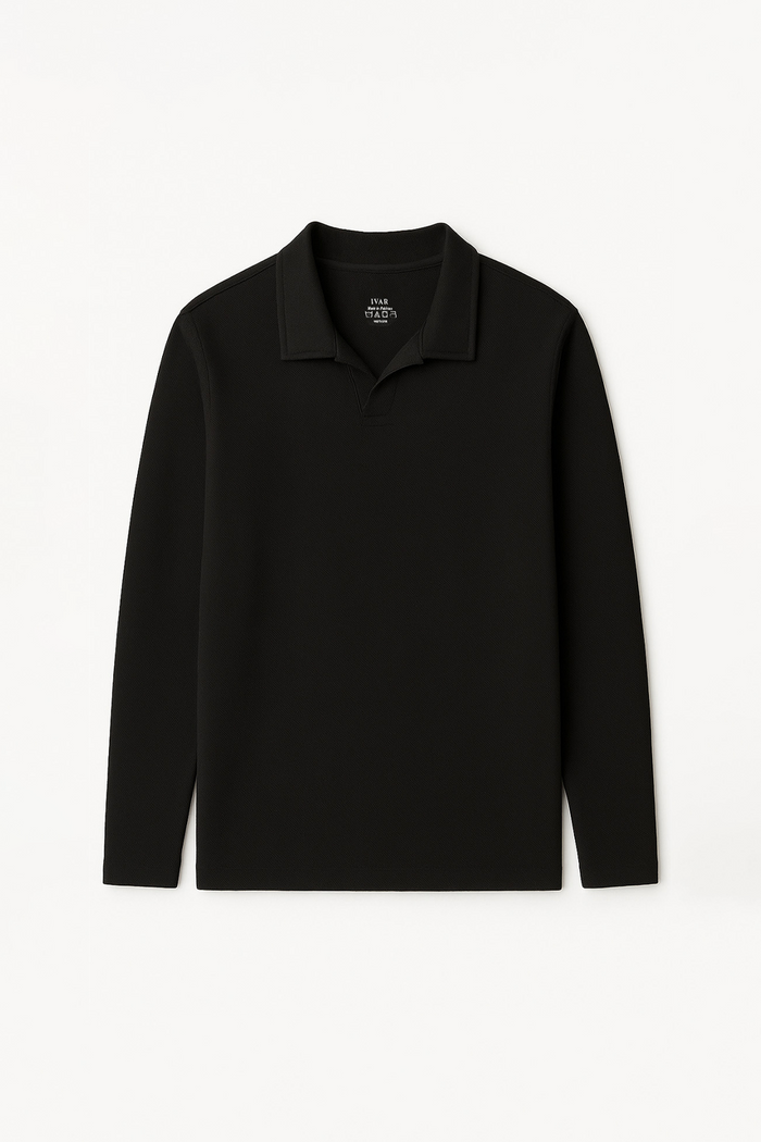 IVAR® Black Textured Full Sleeve Johnny Collar Polo