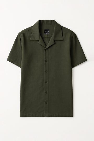 IVAR®  Olive Green Jacquard Cuban Collar Shirt