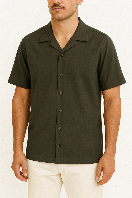 IVAR®  Olive Green Jacquard Cuban Collar Shirt