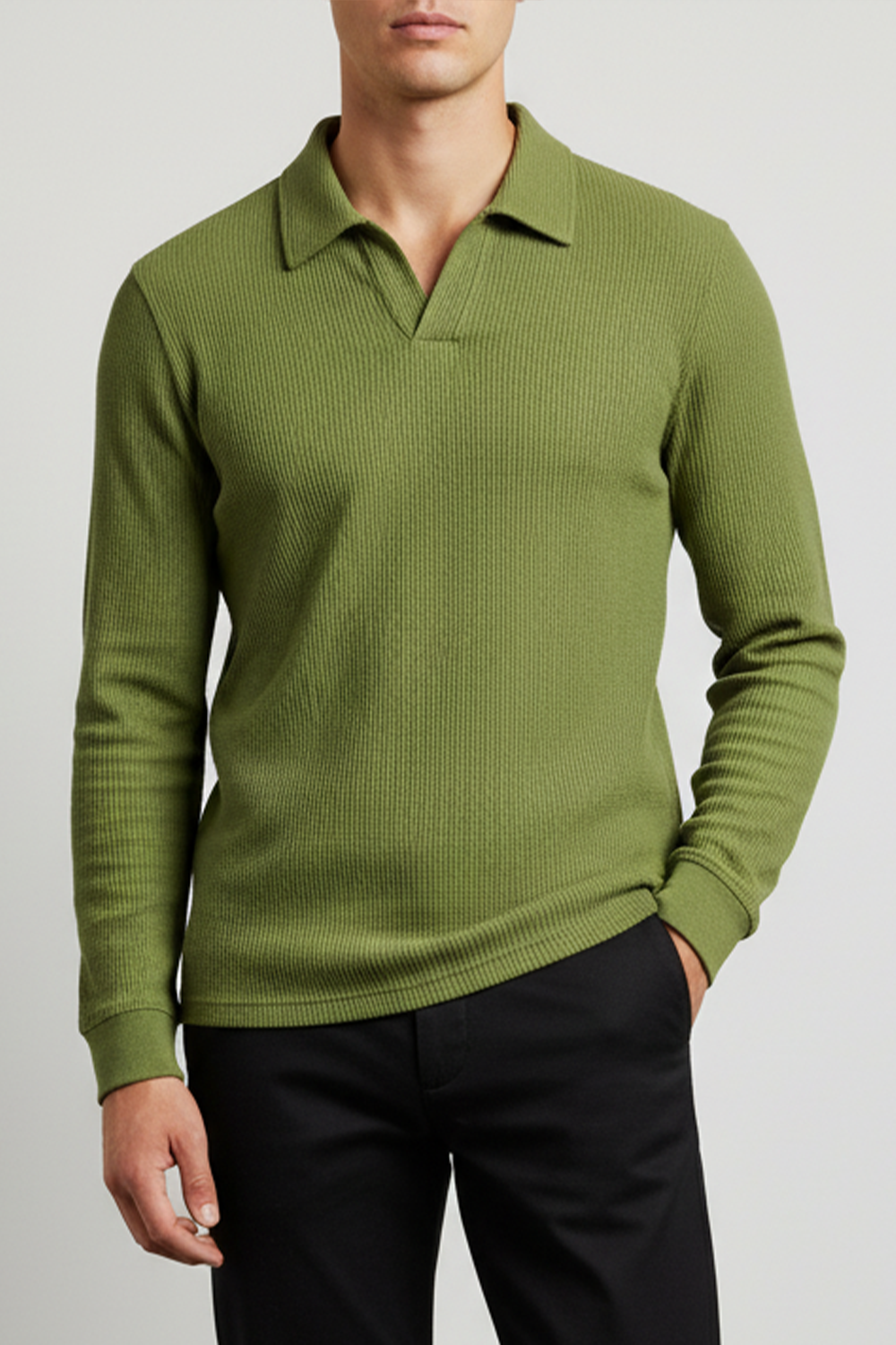 IVAR® Olive Green Waffle Knit Full Sleeve Johnny Collar Polo