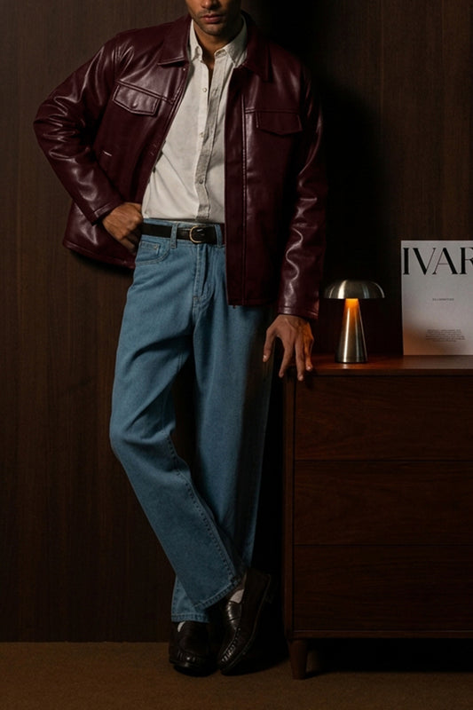 IVAR Maroon Outlaw Leather Jacket - Model Wearing Front - IVAR Clothing