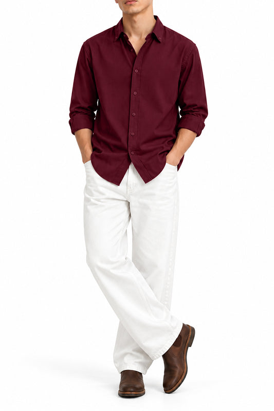 IVAR Maroon Oxford Shirt – men's maroon button-down oxford shirt in chambray cotton, view 2