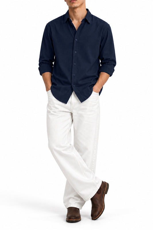 IVAR Navy Oxford Shirt – men's navy button-down oxford shirt in chambray cotton, view 2