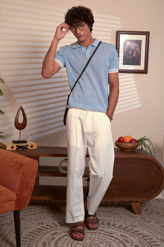 IVAR® Sky Blue Pointelle Knit Polo shirt styled for men  premium casual wear Pakistan