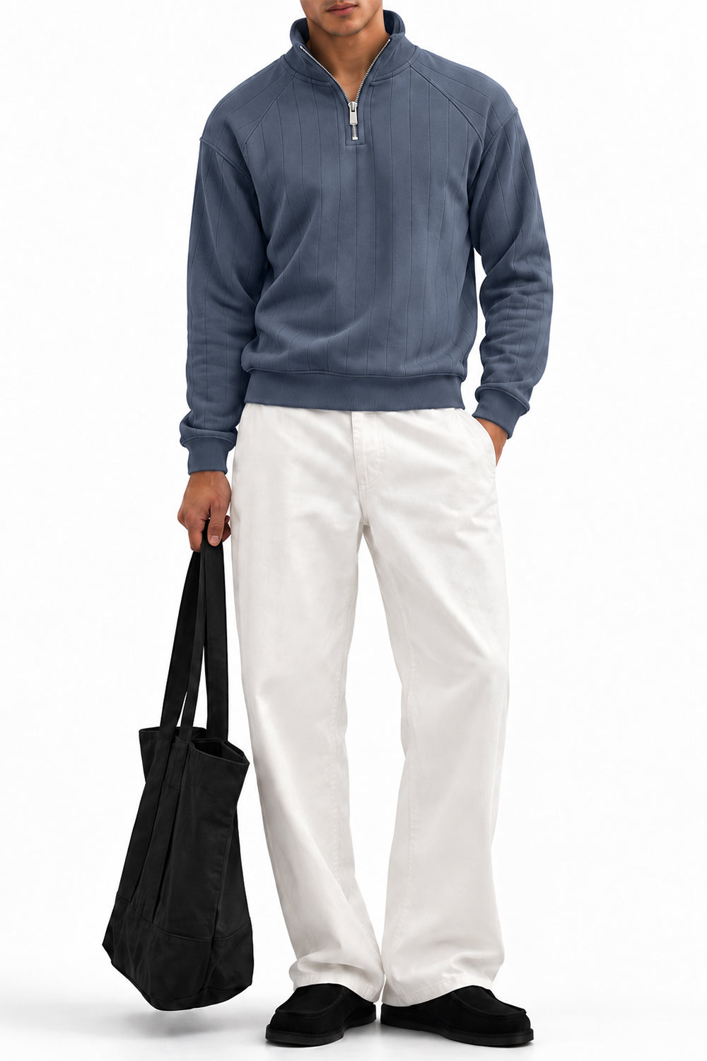 Man wearing the Grey Raglan Drop Needle Quarter Zipper with white trousers, front view