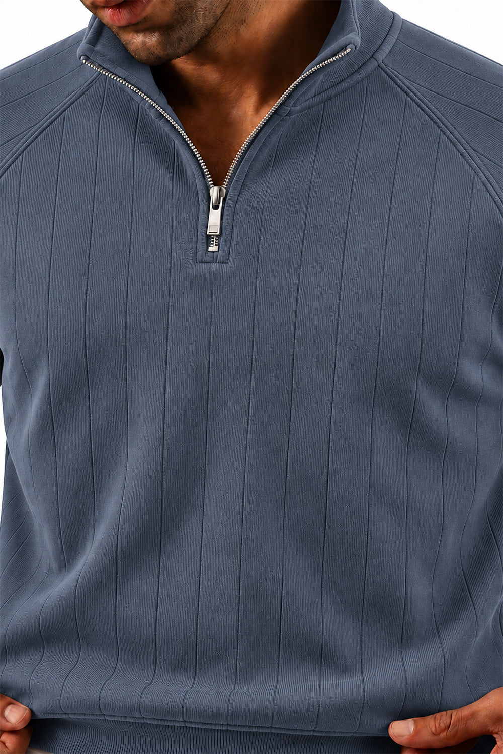Close-up of Grey Raglan Drop Needle Quarter Zipper texture and zip detail