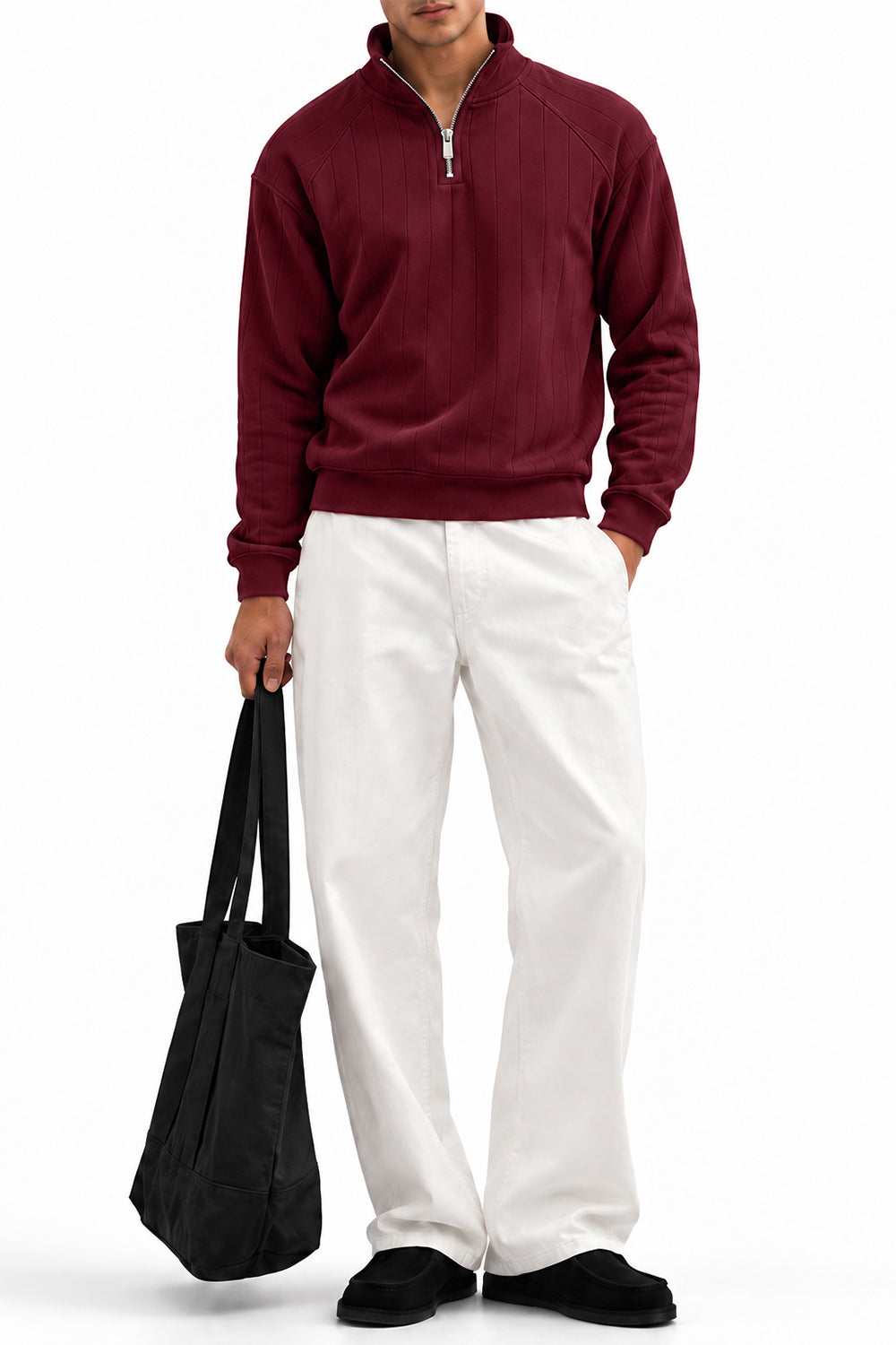 Man wearing the Maroon Raglan Drop Needle Quarter Zipper with white trousers, front view