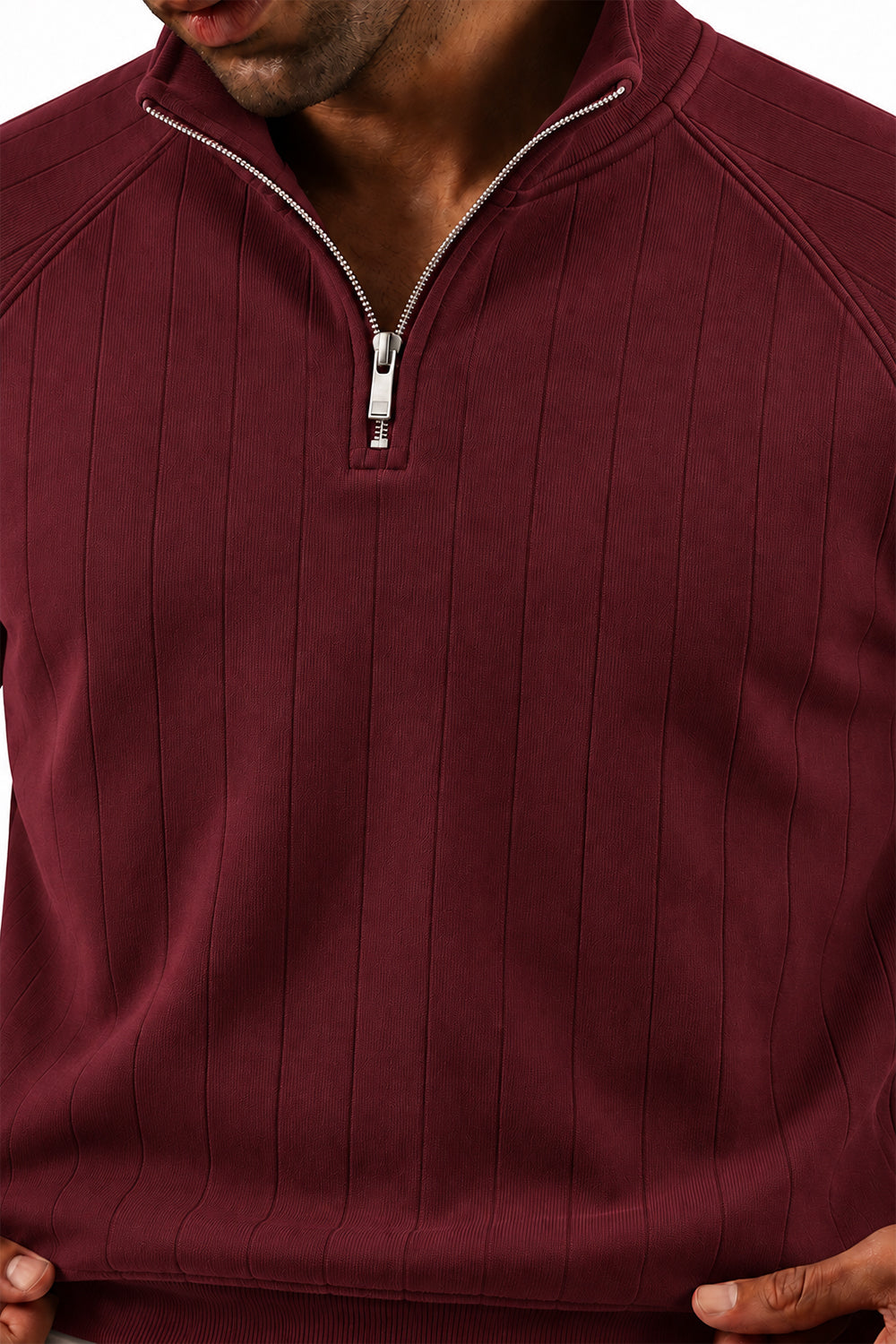 Close-up of Maroon Raglan Drop Needle Quarter Zipper texture and zip detail