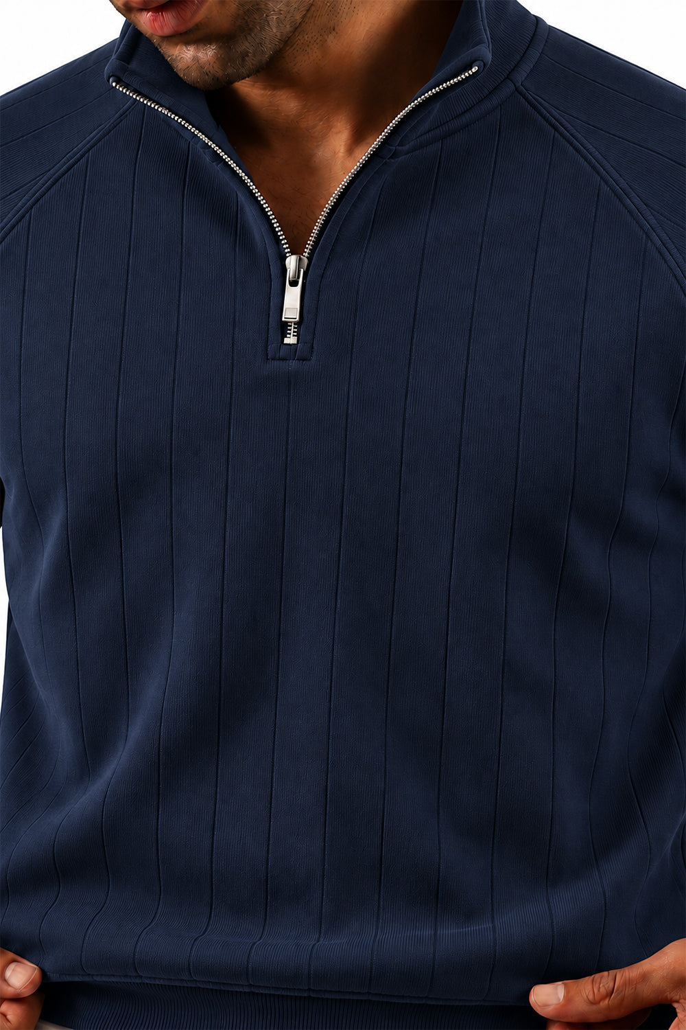 Close-up of Navy Raglan Drop Needle Quarter Zipper texture and zip detail