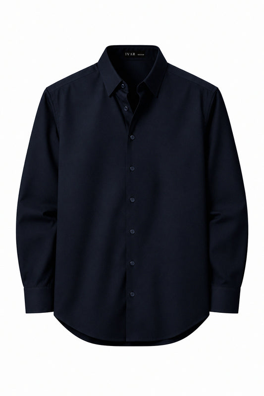IVAR Navy Rayon Blend Buttondown Shirt – men's navy stretch button-down shirt