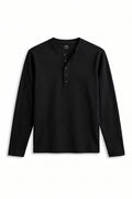 IVAR Black Ribbed 5 Button Henley, flat lay front view