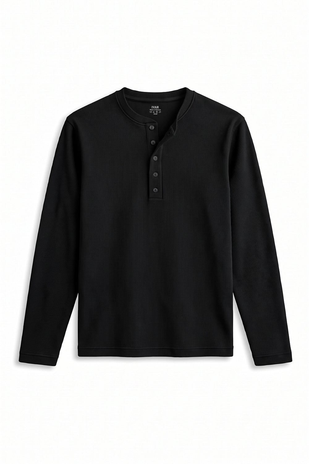 IVAR Black Ribbed 5 Button Henley, flat lay front view