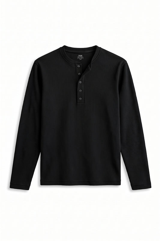 IVAR Black Ribbed 5 Button Henley, flat lay front view