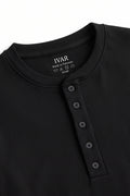 Close-up of Black Ribbed 5 Button Henley five-button placket and neckline
