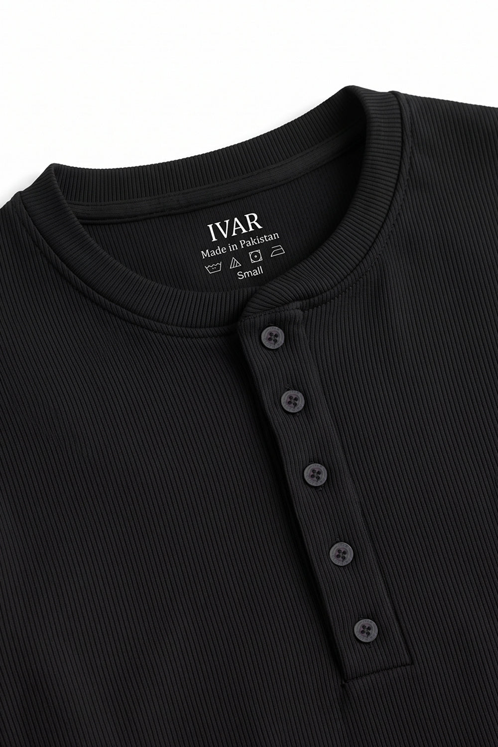 Close-up of Black Ribbed 5 Button Henley five-button placket and neckline