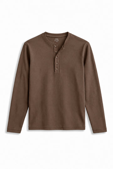 IVAR Brown Ribbed 5 Button Henley, flat lay front view