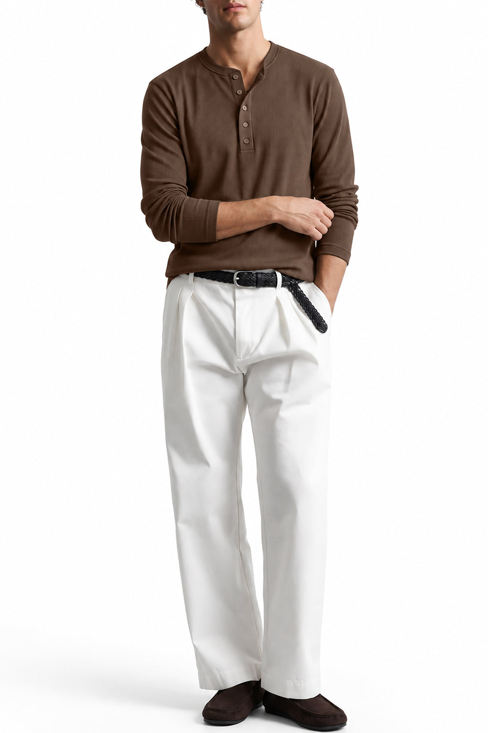Man wearing the Brown Ribbed 5 Button Henley with white trousers, front view